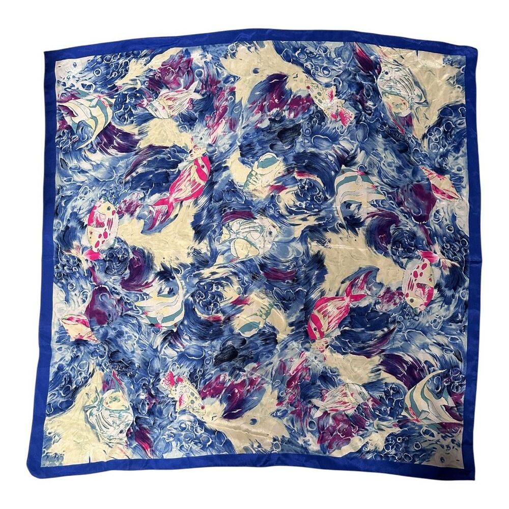 100% Silk Vintage Women's Coastal Style Fish Scarf Beach Nautical